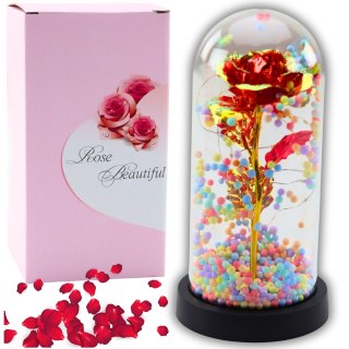 Wieczna Róża W Kopule Kryształowa Oświetlenie LED Kuleczki Czerwona 21x11cm